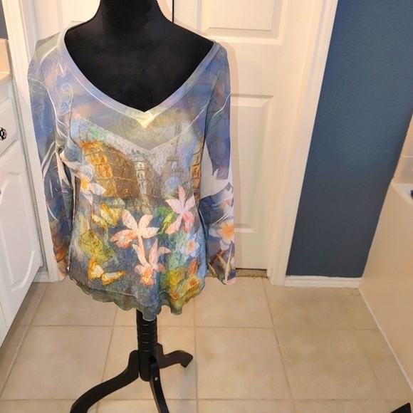 Dressbarn Long Sleeve Floral Distressed Blouse Eiffel Tower Large. - Picture 1 of 6